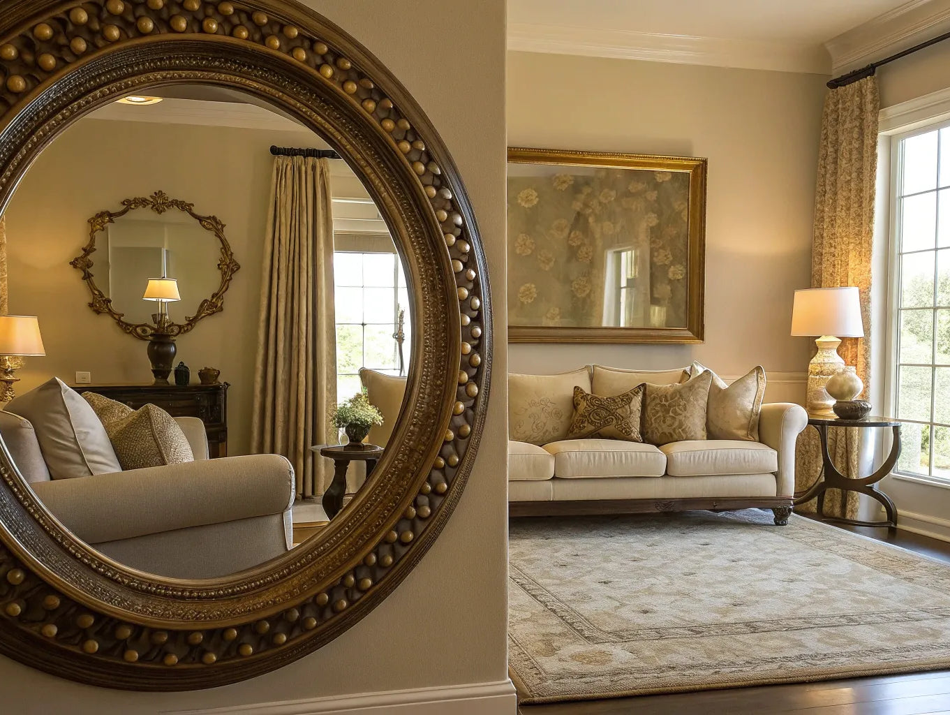 Round decorative wall mirror reflecting a stylish living room with a neutral sofa and gold accents.