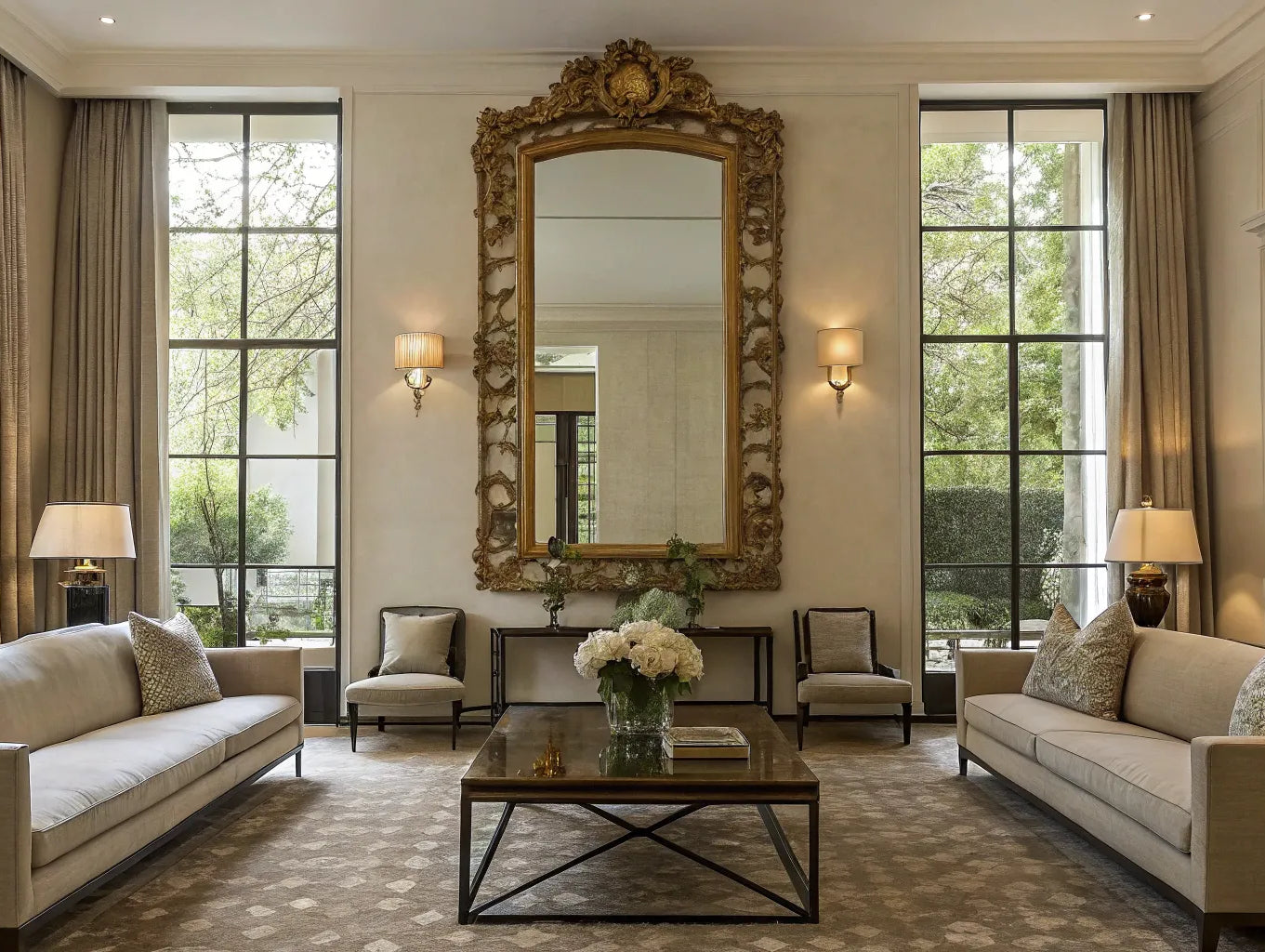 A large, ornate gold wall mirror acting as a focal point in a bright living room.