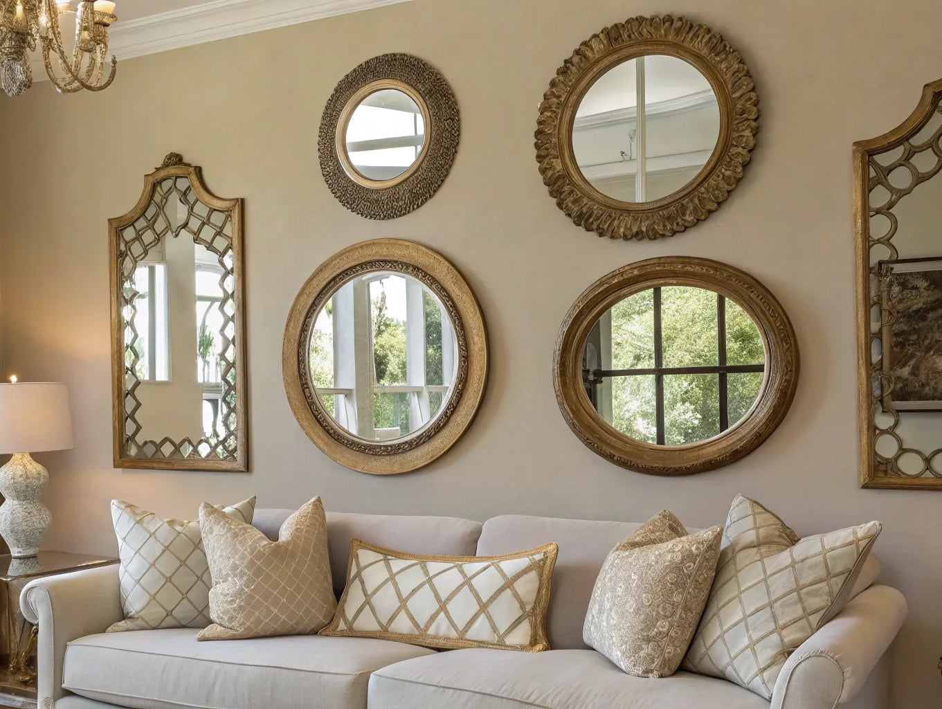 Stylish gold-framed mirrors as wall decor above a neutral sofa in a living room.