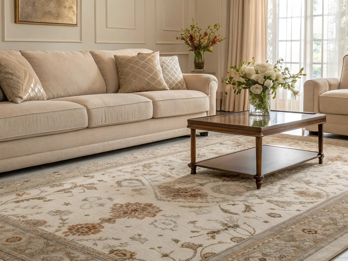 Best washable rug in a neutral living room.