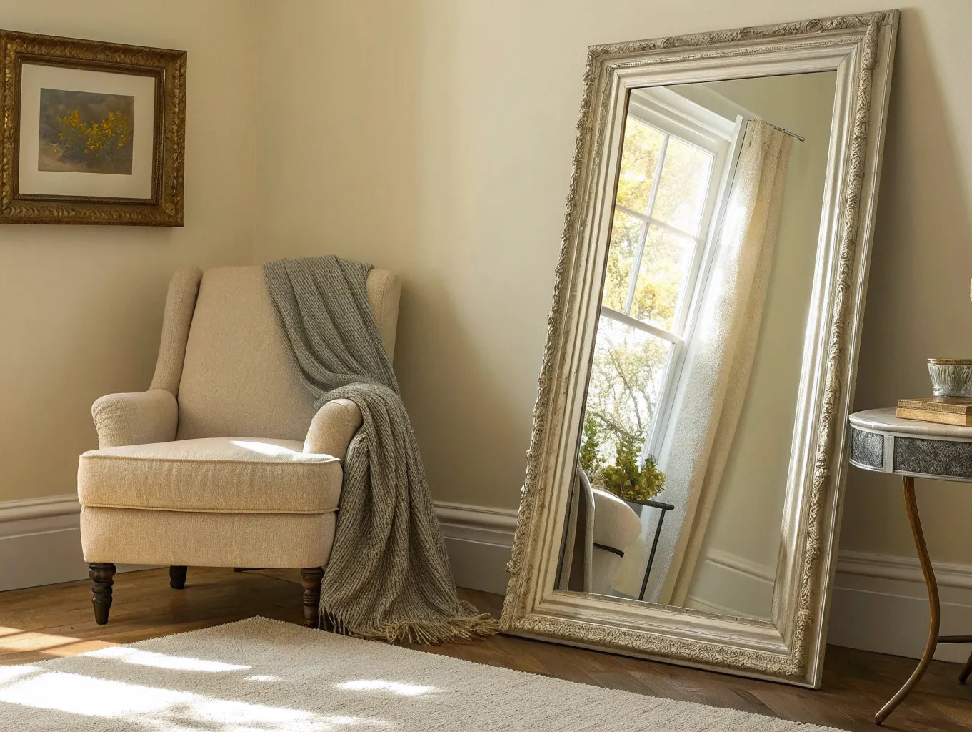 An ornate extra large floor mirror leaning against the wall in a bright, elegant living room.