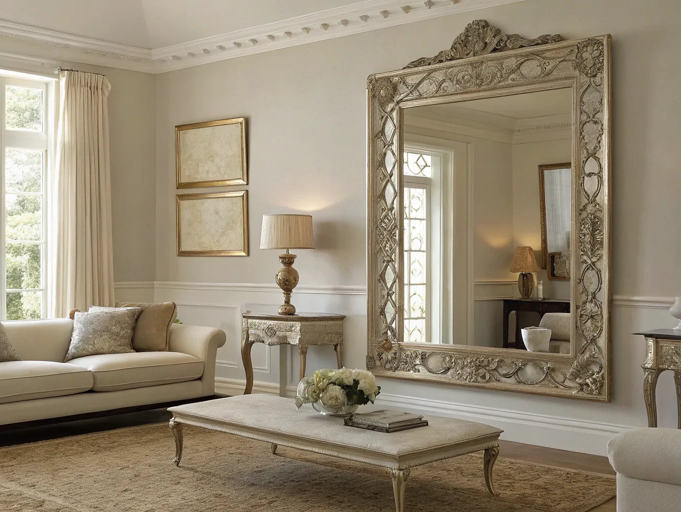 Decorative wall mirror in a stylish living room.