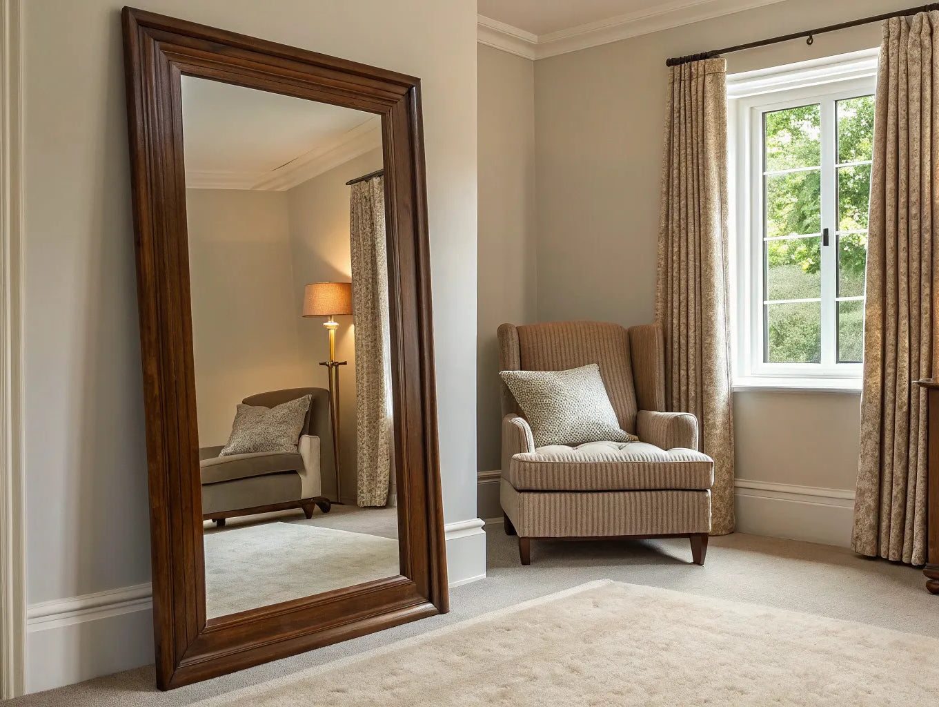 Full-length bedroom mirror with wooden frame.