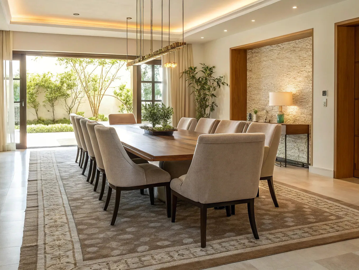 A dining room rug sized to keep the table and chairs on it, even when the chairs are pulled out.