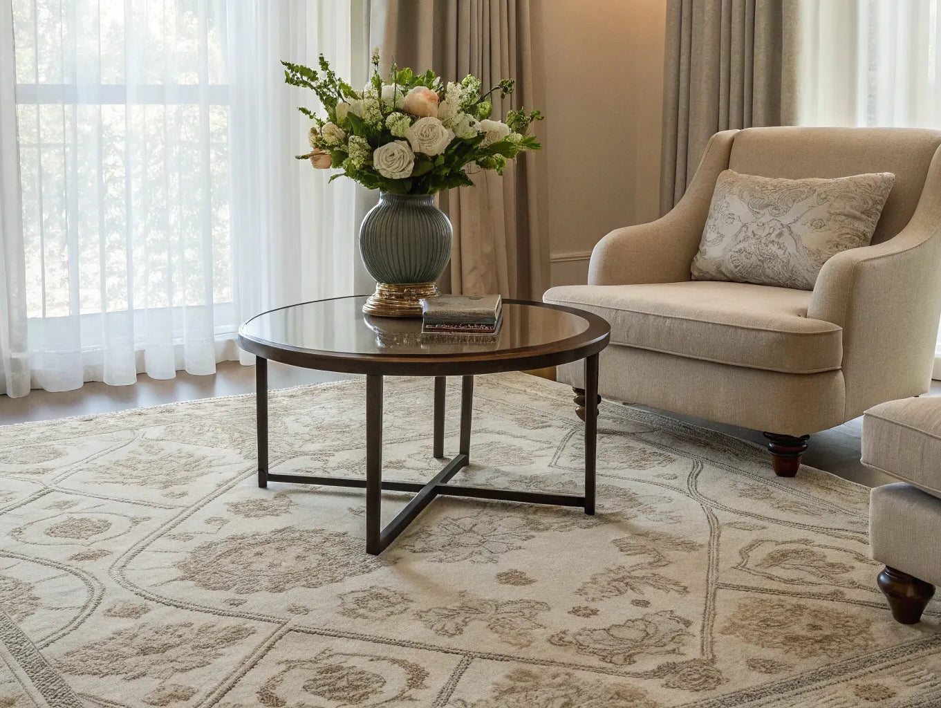 Beige area rug in a neutral living room.