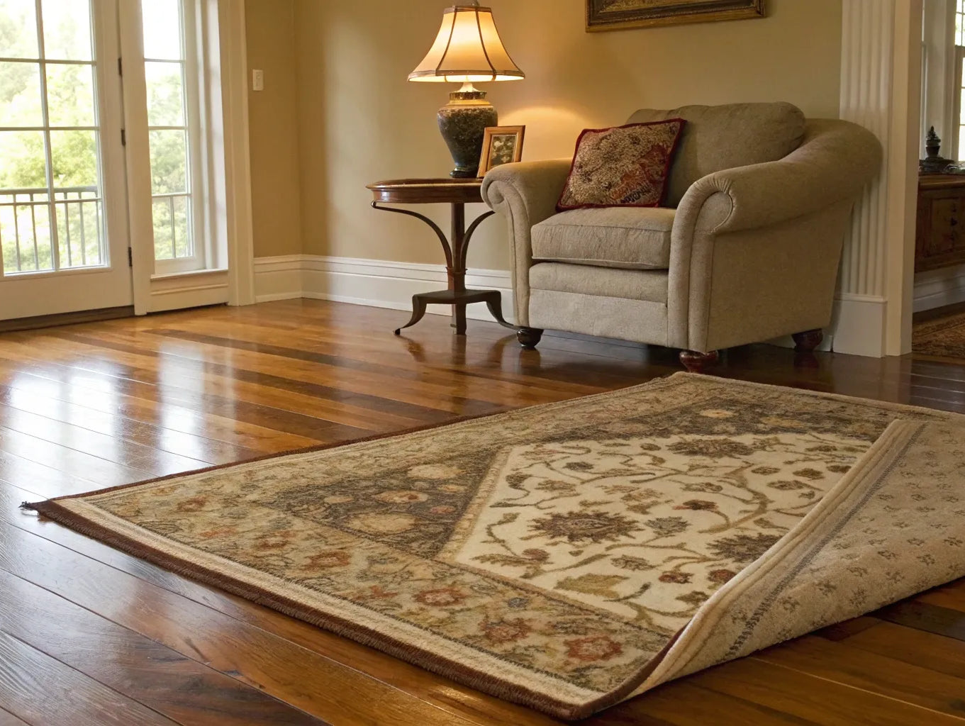 Best rug pad for hardwood floors shown under an area rug to prevent slipping.