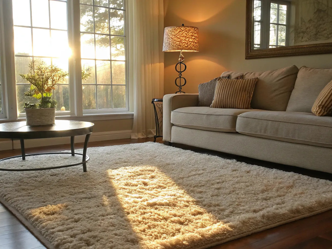 A large beige polyester rug anchoring a sunlit living room with a sofa and coffee table.