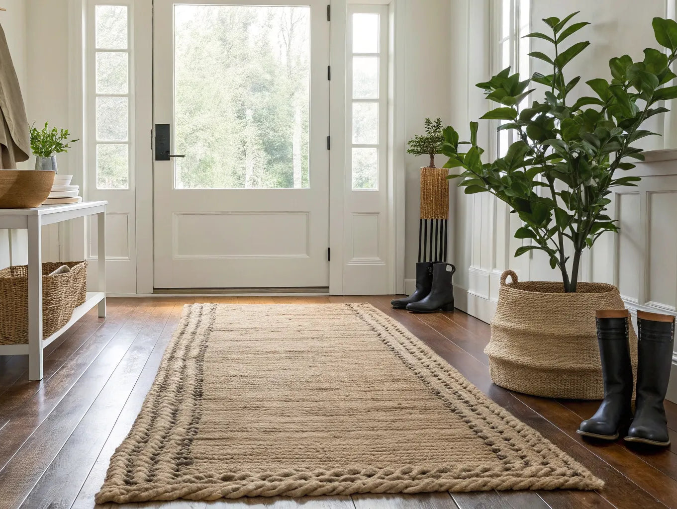 A tan mud rug in an entryway protecting hardwood floors from a pair of dirty boots.