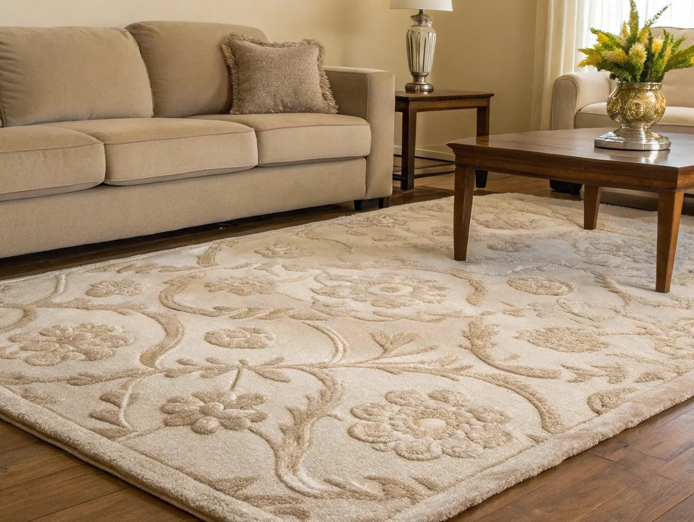 Soft, beige viscose rug with a floral pattern.
