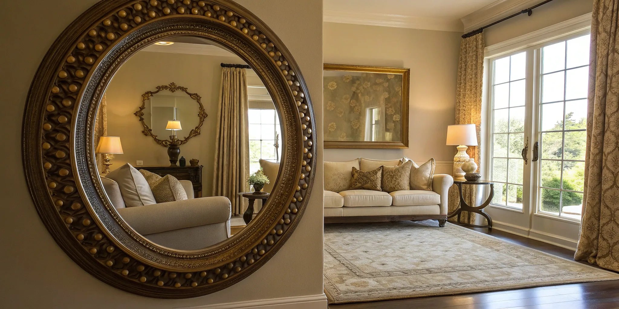 Round decorative wall mirror reflecting a stylish living room with a neutral sofa and gold accents.