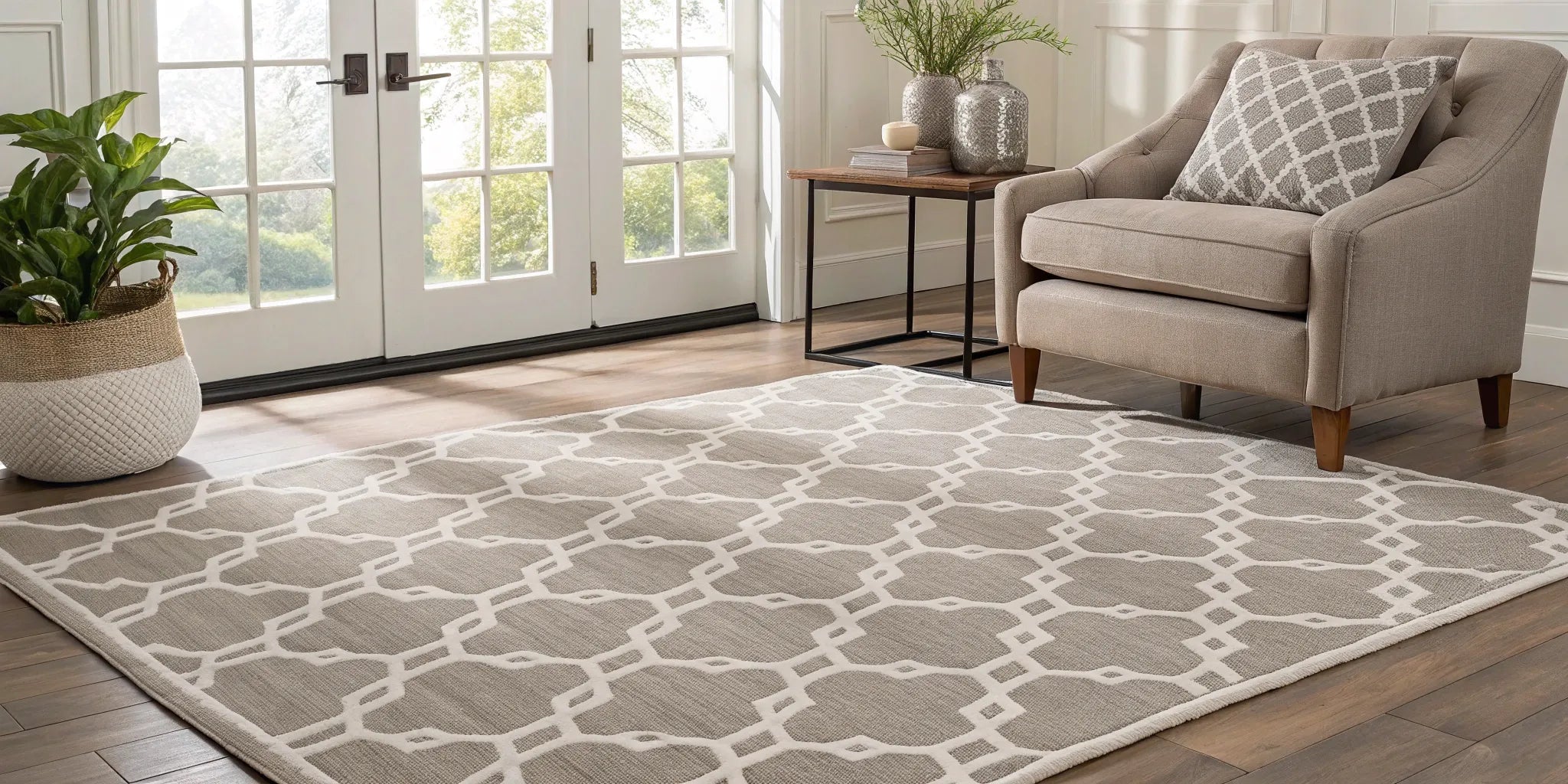 A stylish plastic rug with a geometric pattern in a modern living room.