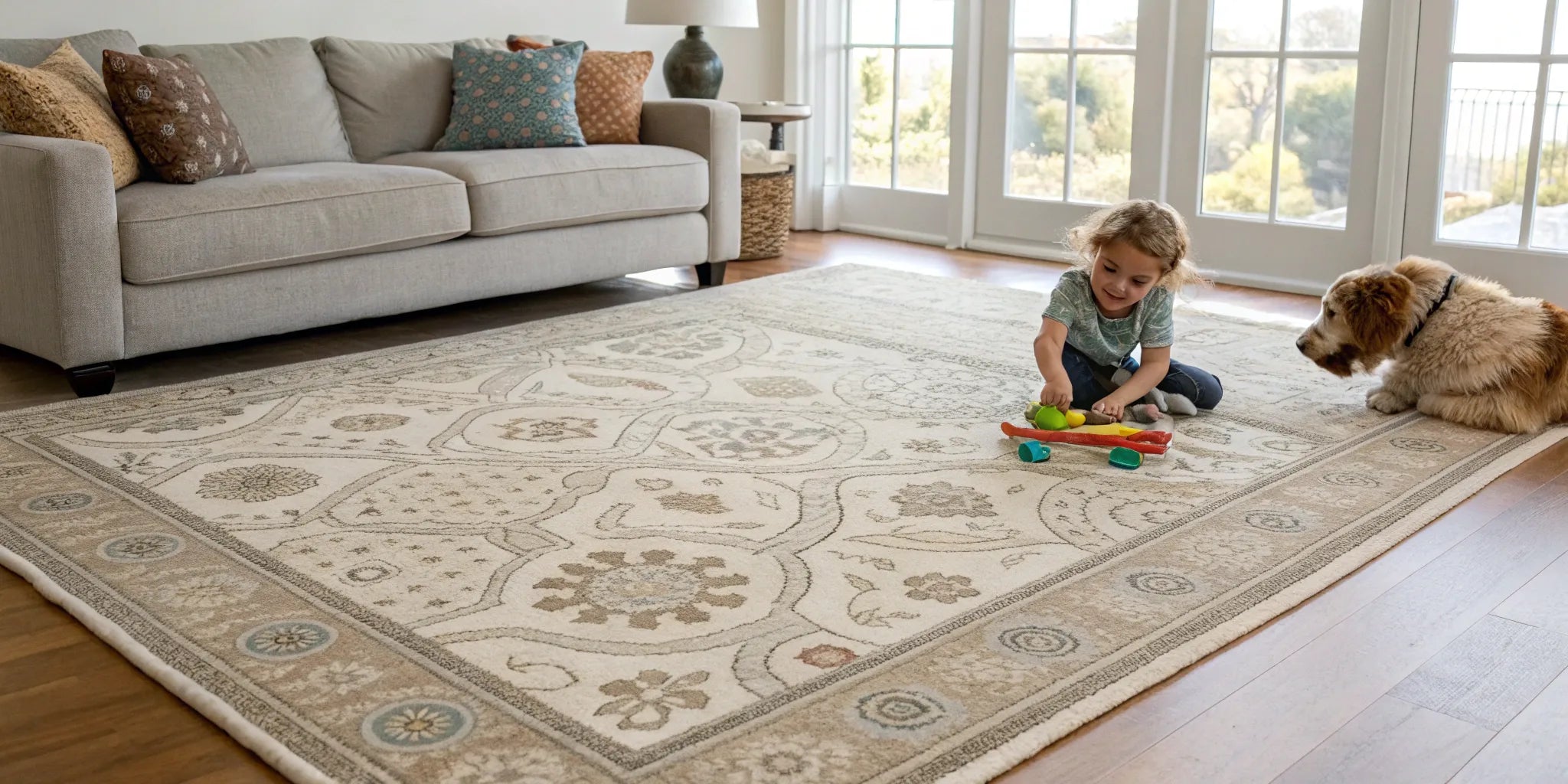 A child and dog relax on a stylish spill proof rug in a busy living room.