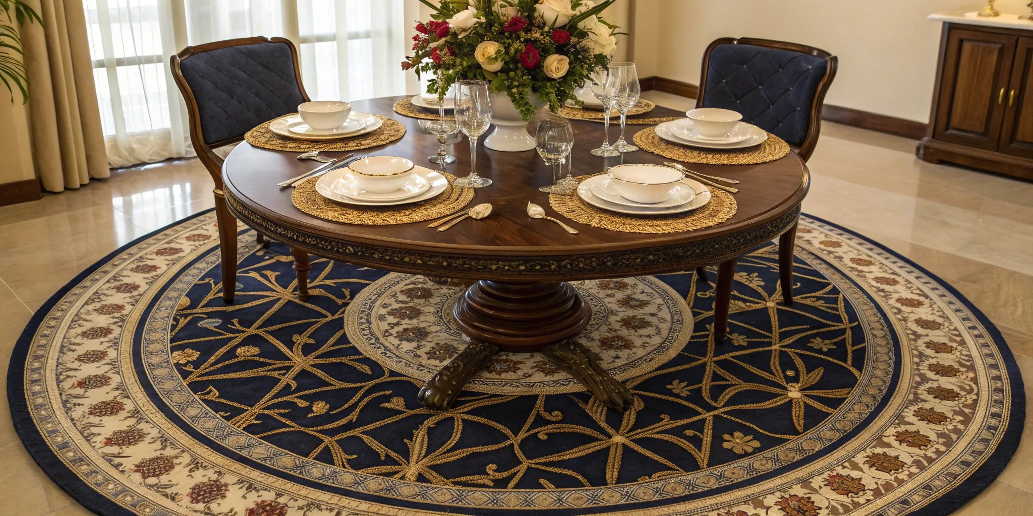 Round dining room rug under table with centerpiece.
