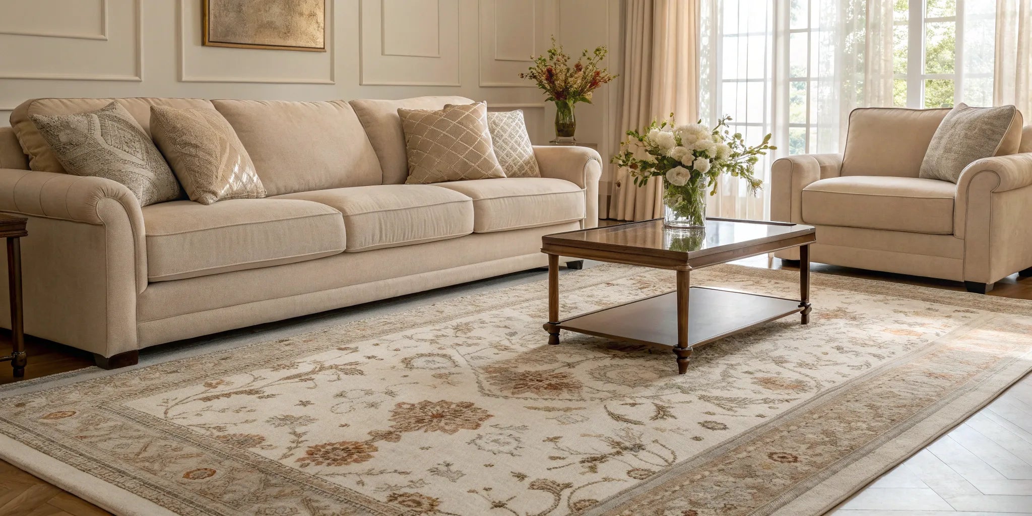 Best washable rug in a neutral living room.