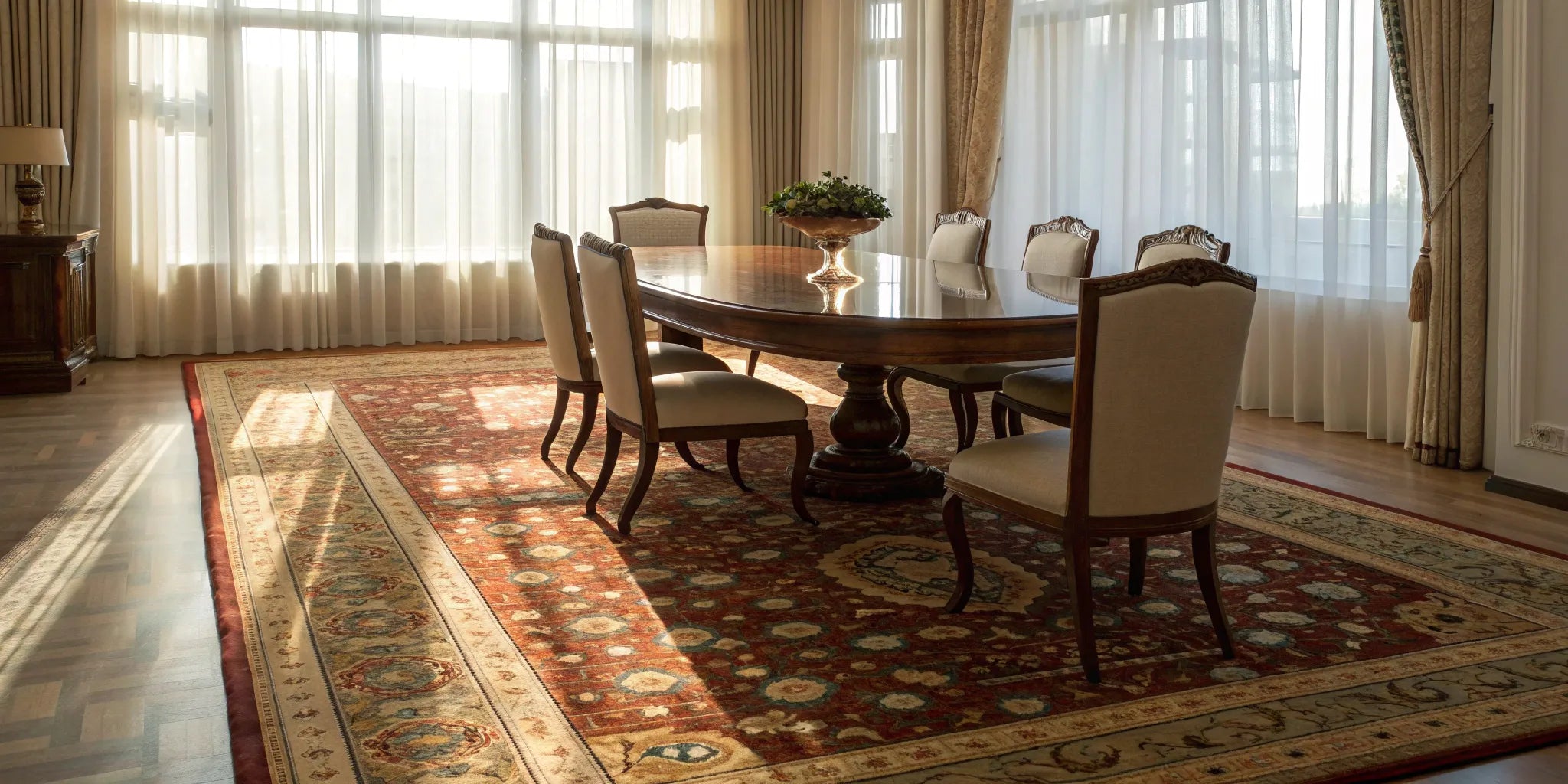 Dining room rug under table.