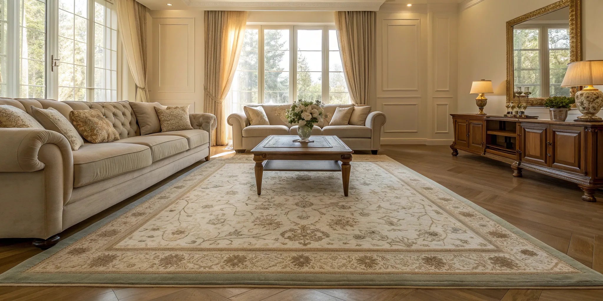 Living room rug defining the seating area.