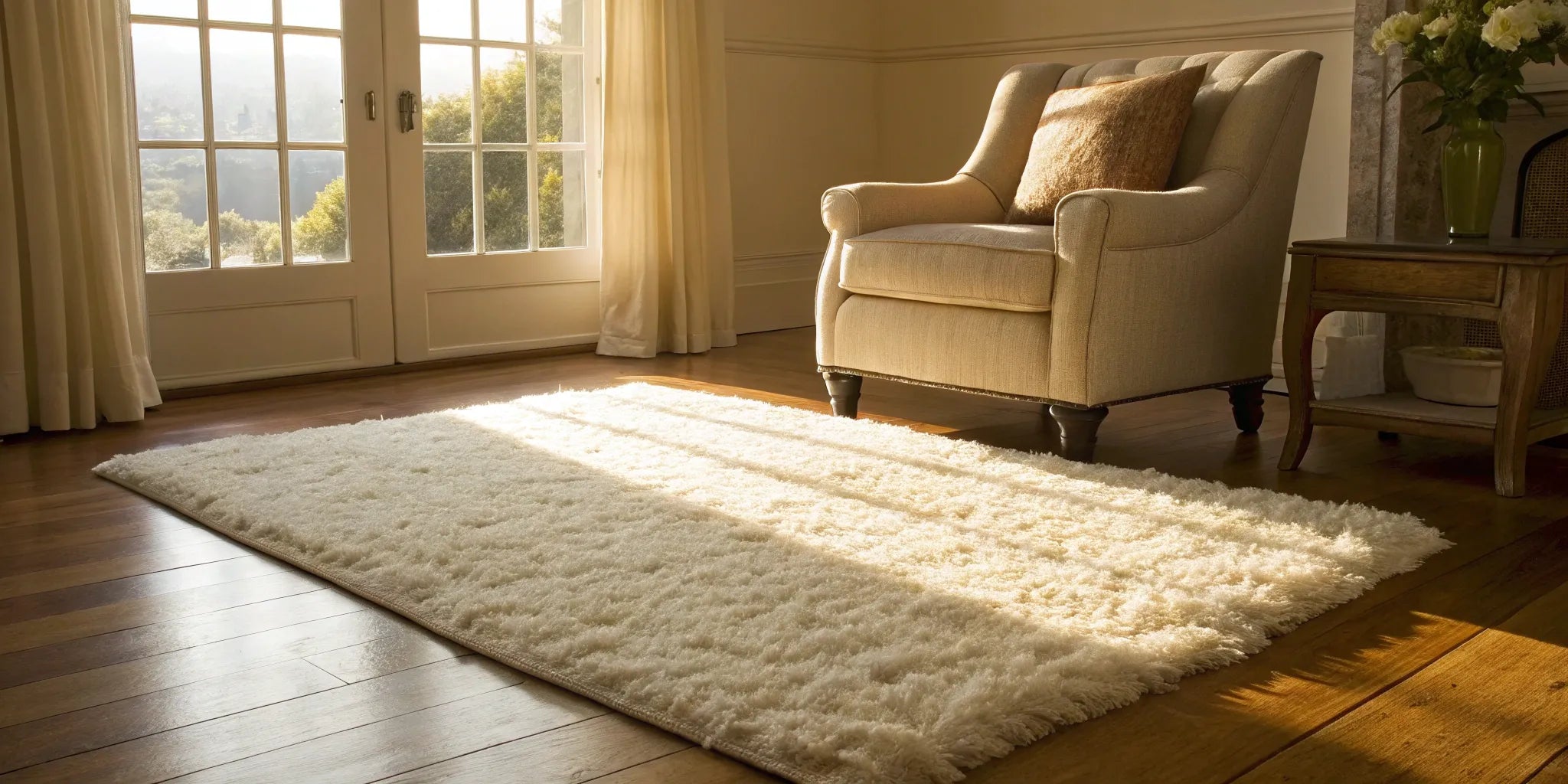 An 8x10 shag rug anchoring a cozy living room seating area with an armchair.