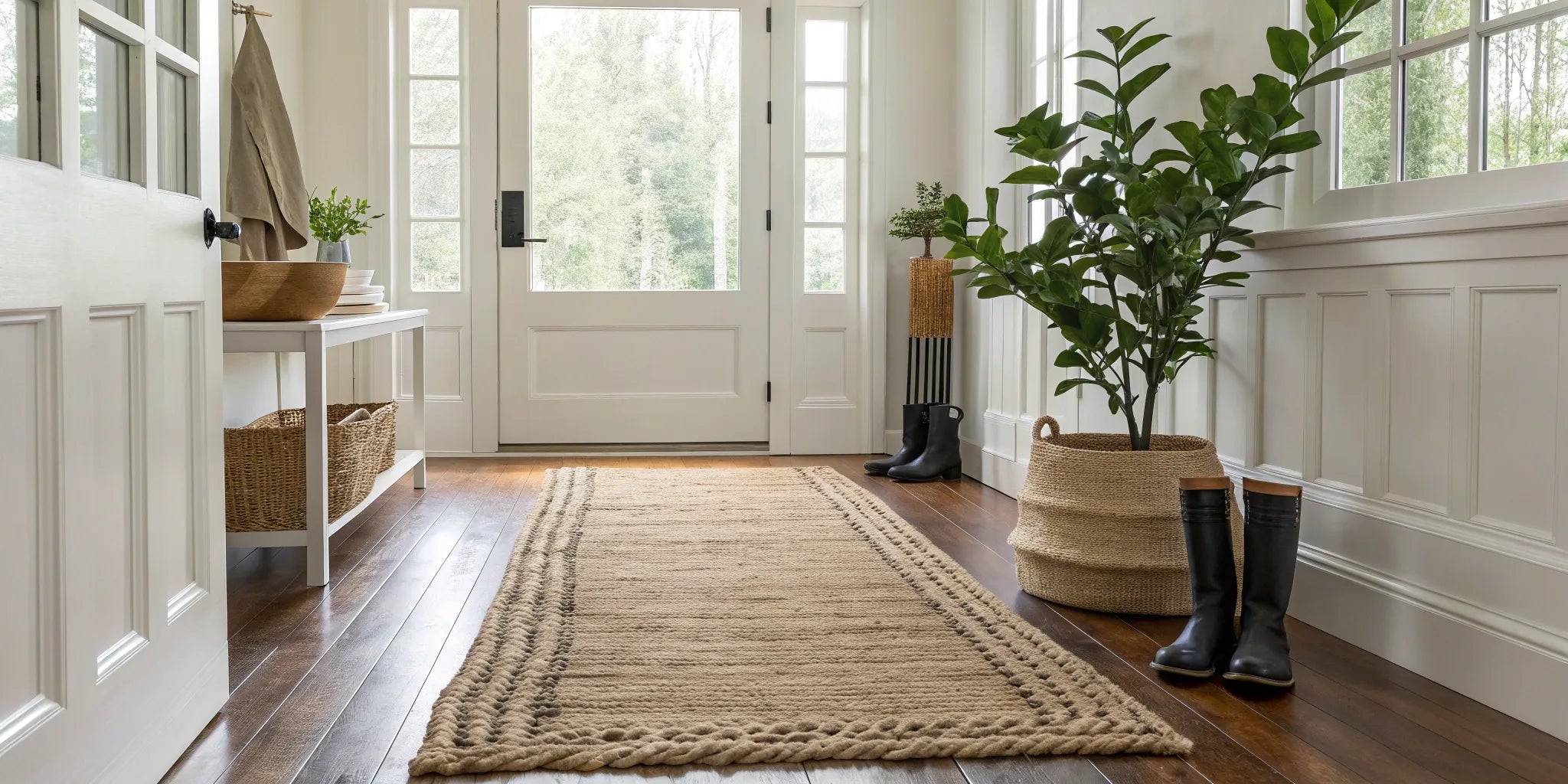 A tan mud rug in an entryway protecting hardwood floors from a pair of dirty boots.