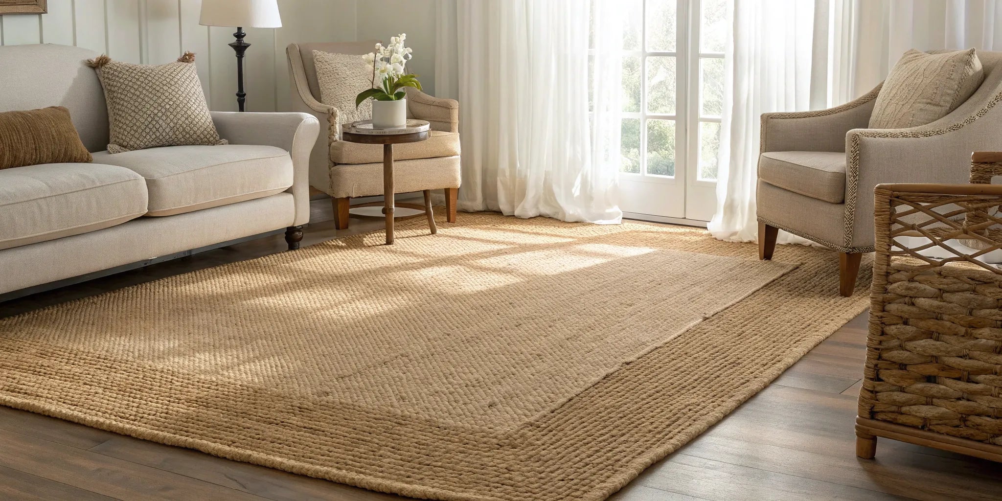 An 8x10 jute rug anchors a bright living room with neutral, modern furniture.