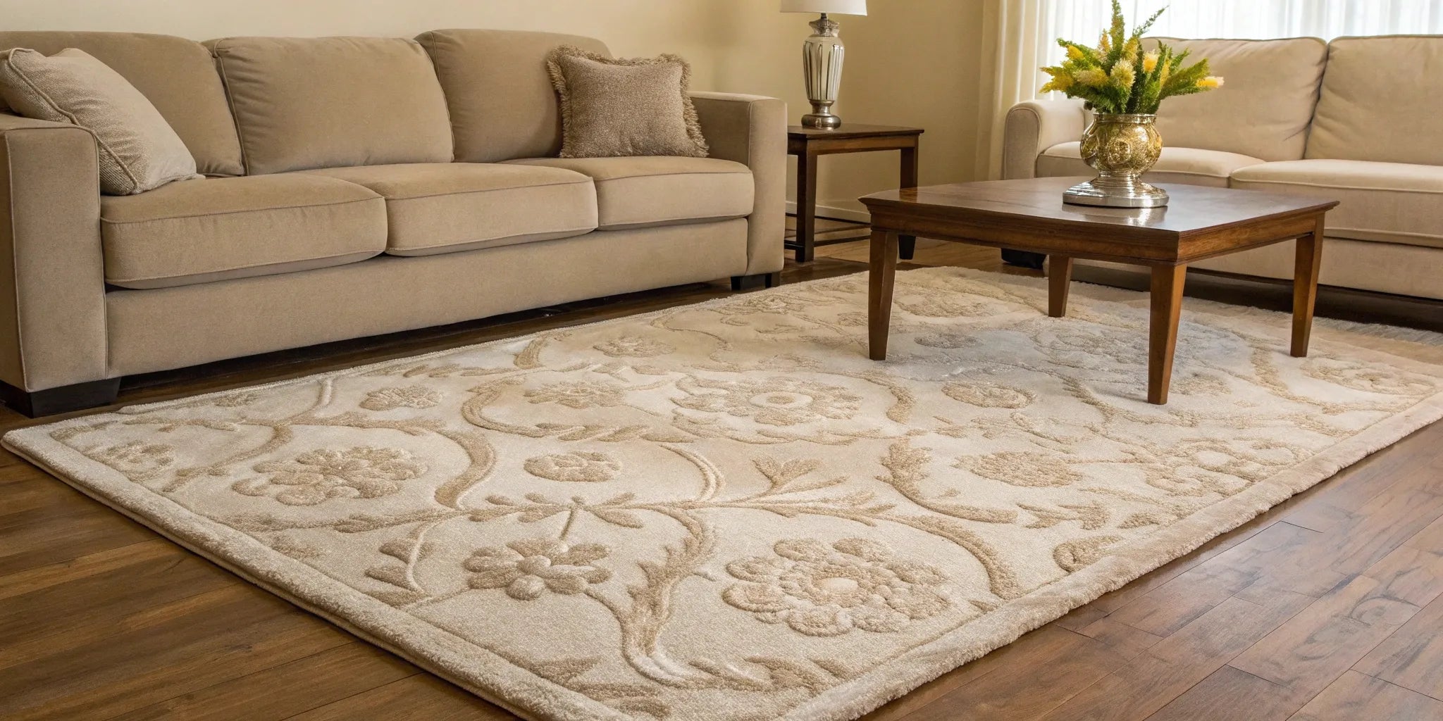 Soft, beige viscose rug with a floral pattern.