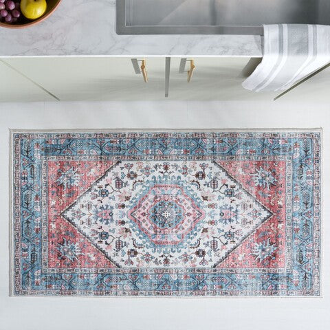 Washable Printed Rug WPR322K Turquoise / Red